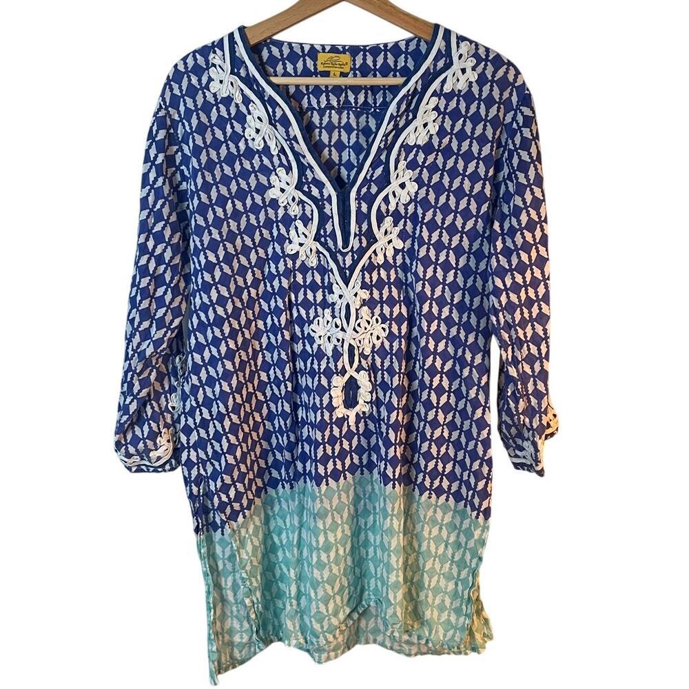 Roberta Roller Rabbit 100% Cotton SZ Large Embroidered Coastal Tunic Top EUC